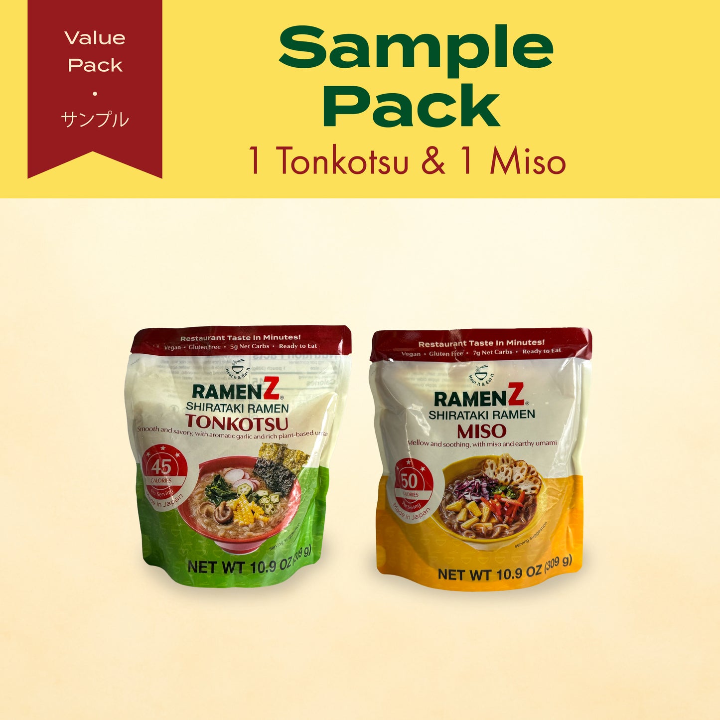 Ramen Z Tonkotsu 1 Pack + Miso 1 Pack – Ready-to-Eat Shirataki Ramen